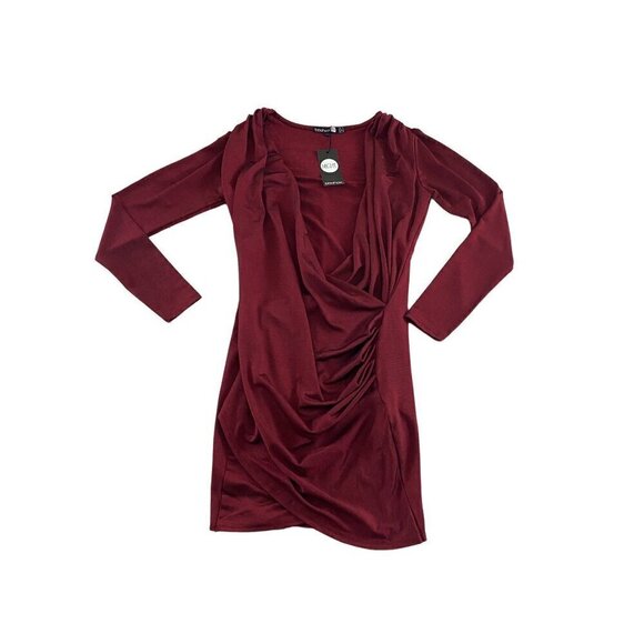 NWT BooHoo Burgundy Long Sleeve Ruched Bodice Dress - 10 - Picture 1 of 12